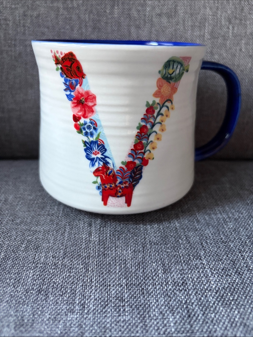 Nathalie Lete for Anthropologie White Mug with Blue, Red, Green Floral 'V'